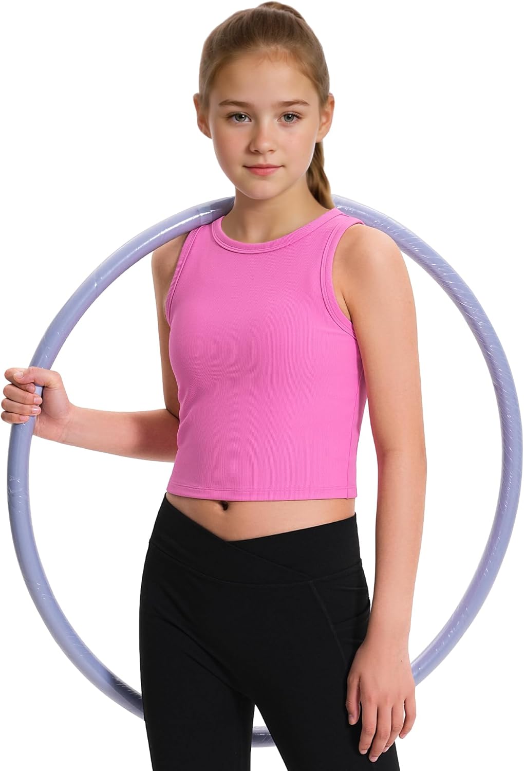 JOCMIC 2 Pack Girls Tank Tops Kids Athletic Tanks Basic Ribbed Knit Crew Neck Cropped Tops for Sports Yoga - Image 5