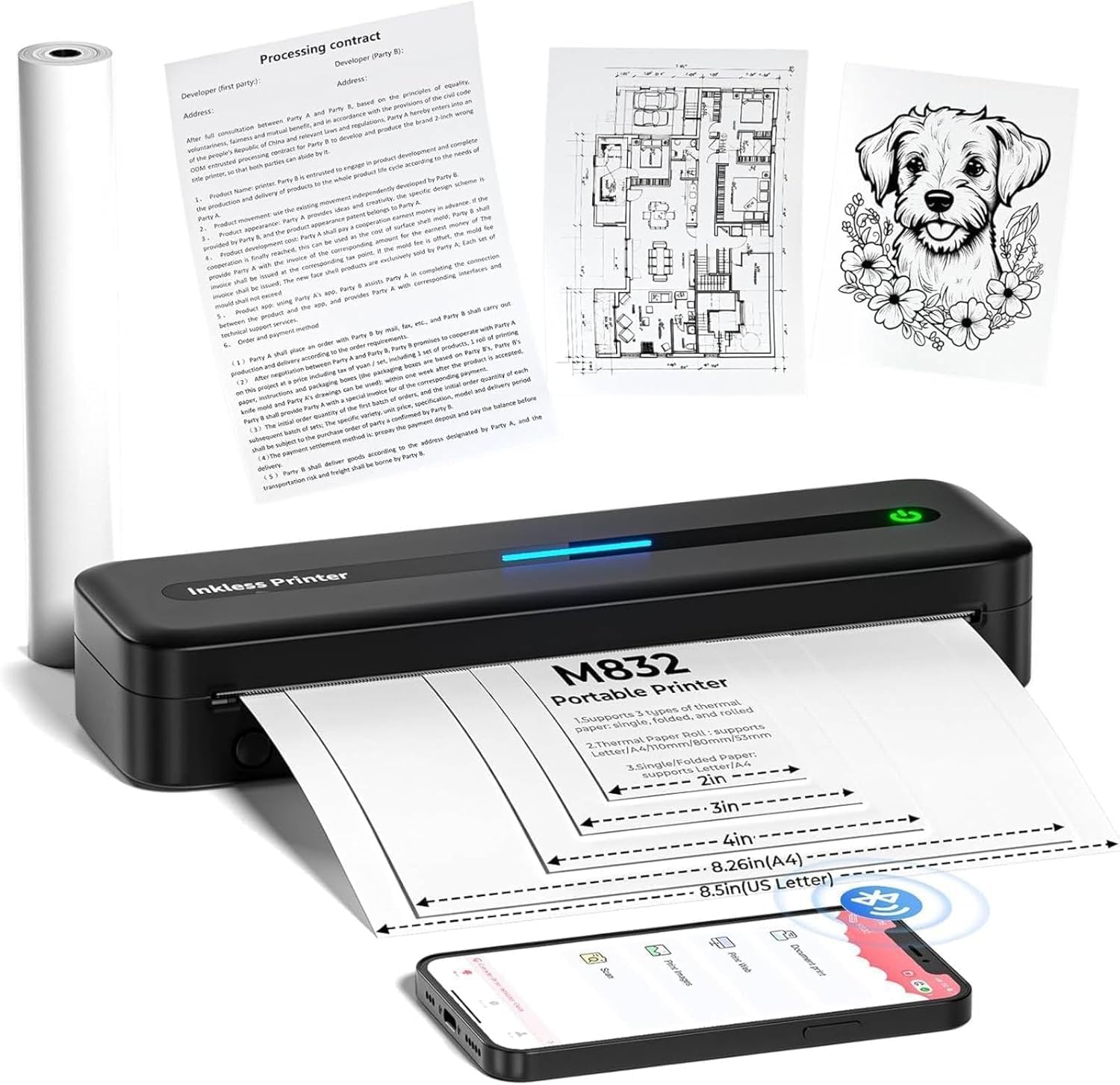 Mobiler Drucker A4 für Unterwegs, Tragbarer Drucker Thermodrucker A4 Wireless Bluetooth Inkless Handy Printer, 300dpi Portable Kompakt Reisedrucker für Android/iOS/Win/Mac Laptop