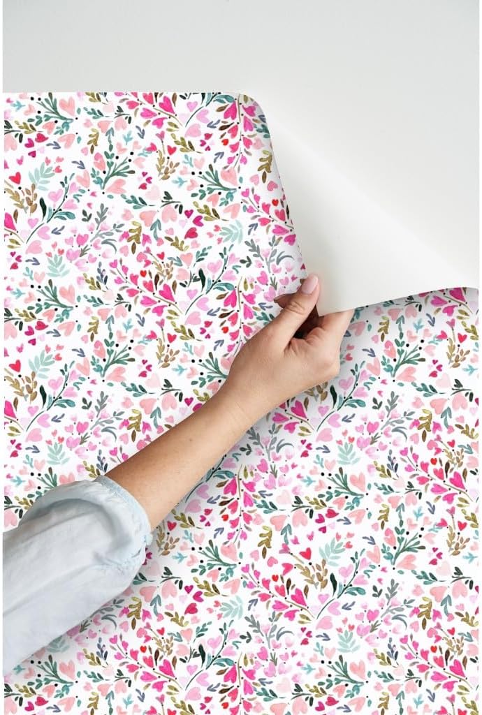 Peel & Stick Wallpaper 3ft x 2ft - Heart Floral White Flower Hearts Sweet Valentines Day Baby Girl Decor Love Custom Removable Wallpaper by Spoonflower
