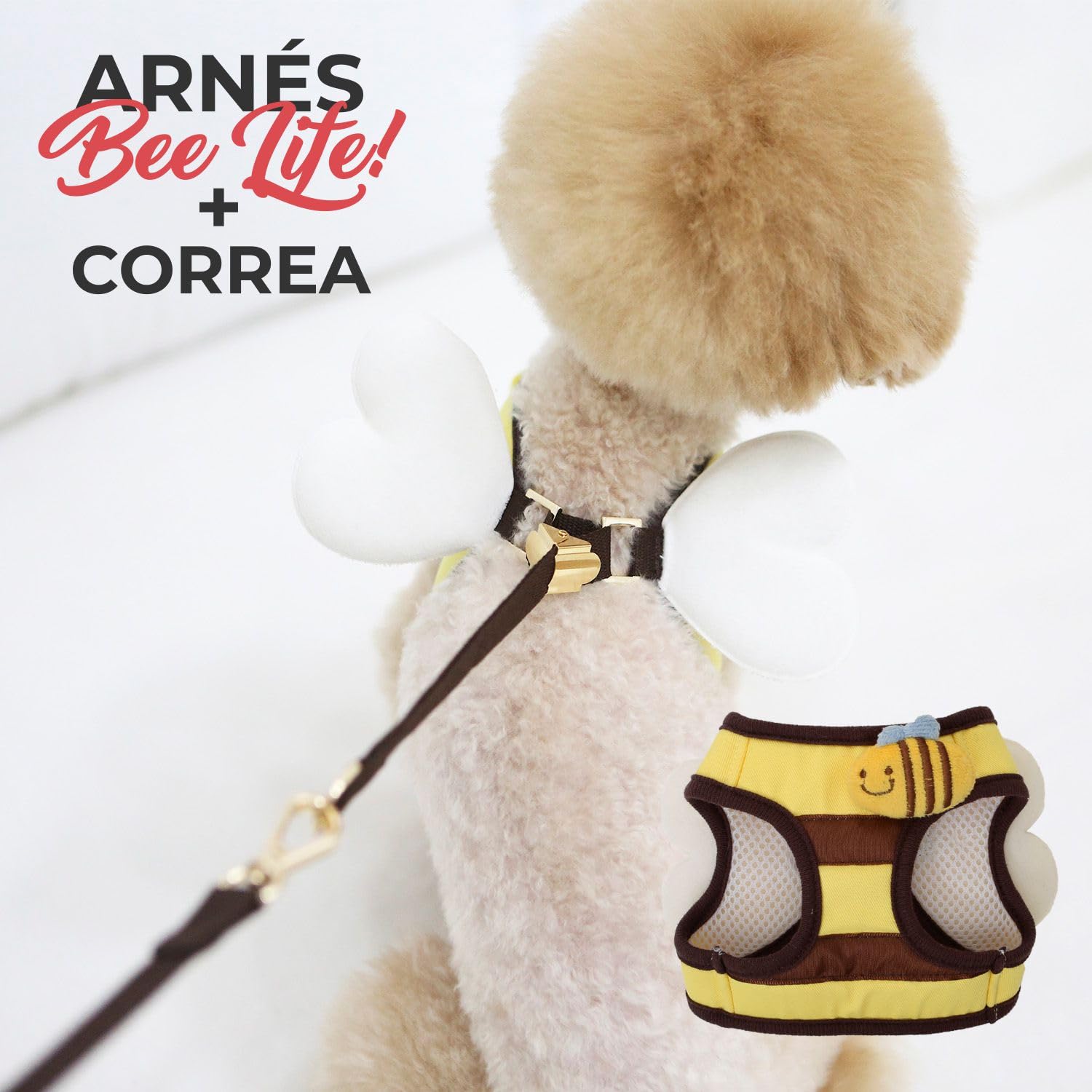 Its Dog & Kangachi Honeybee Hundegeschirr mit Leine für kleine Hunde - Atmungsaktives Mesh-Gewebe, Größe L (42-46 cm), Gelb.