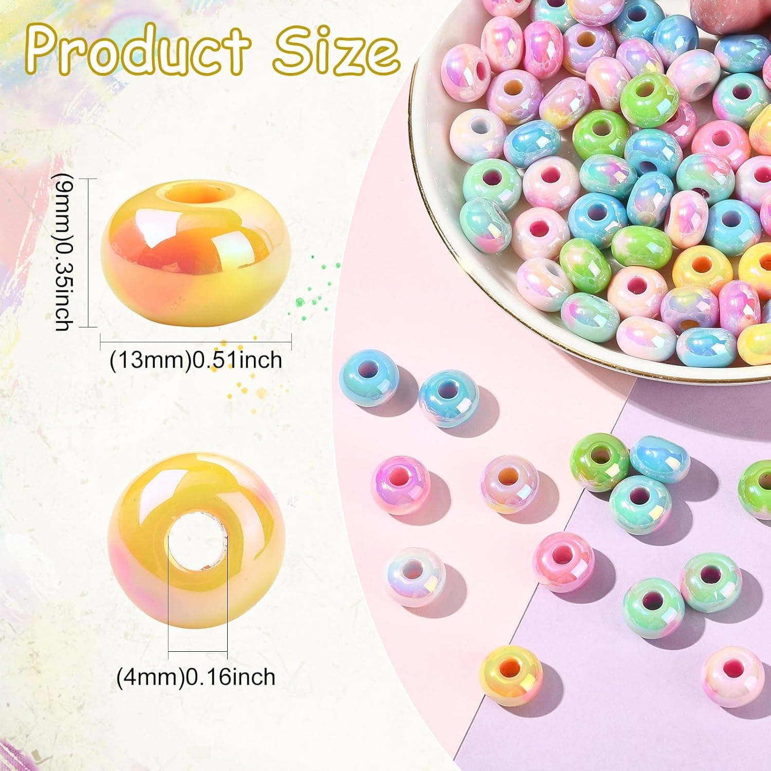 LiQunSweet 100 pcs Mixed Colors 13mm Iridescent Rondelle Acrylic European Beads Abacus Disc 4MM Large Hole Spacer Beads for DIY Jewelry Bracelet Necklace Bag Keychain Decor - Image 2