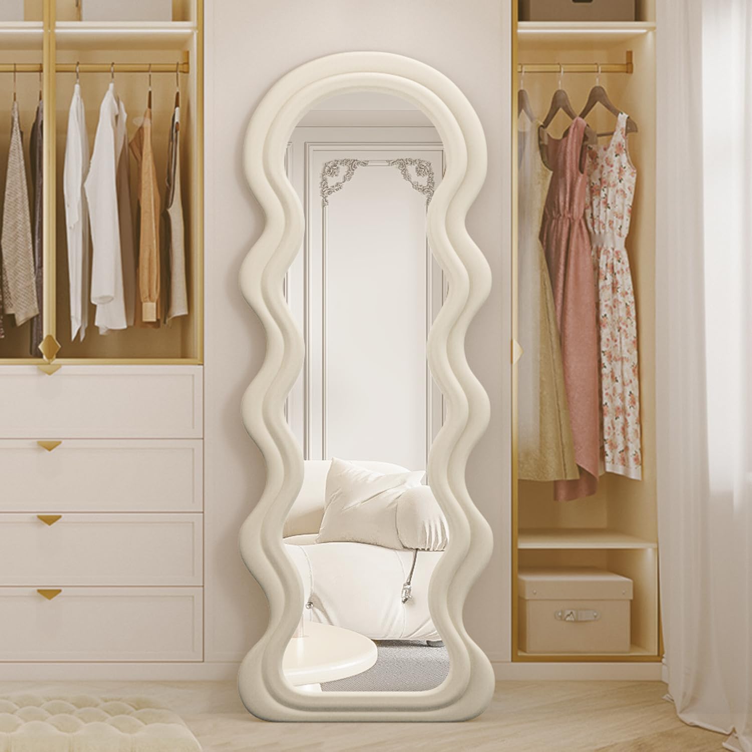 Full Length Mirror, 63" x 24" Floor Mirror, Irregular Wavy Mirror, Full Length Wall Mirrors, Standing Flannel Wrapped Wooden Frame for Bedroom, Cloakroom (White)