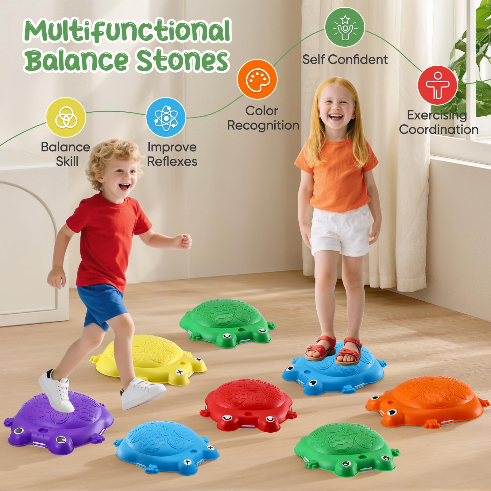 Jradse Piedras de Marcha Ranas para Niños, 8 Piezas de Cálculos Sensoriales Antideslizantes, Juego de Motricidad Interior/Exterior 3-8 Años, Desarrolla la Motricidad, Soporta 120kg - 4