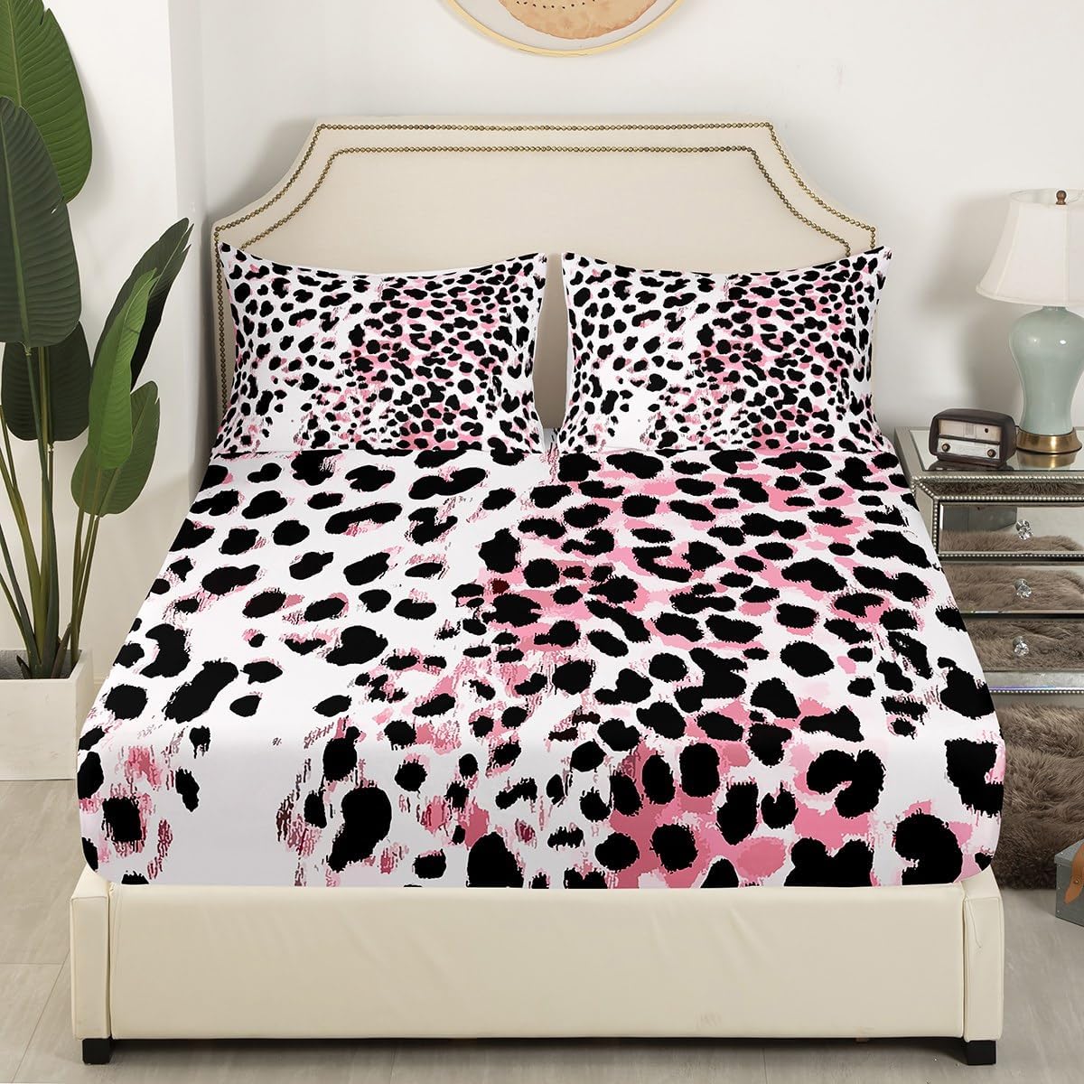 jejeloiu Pink Black Leopard Bed Sheets Set Twin Size Kids Cheetah Fitted Sheet with Deep Pocket for Boys Girls Teens Animal Print Bedding Set Breathable Safari Bedroom Decor Bedclothes