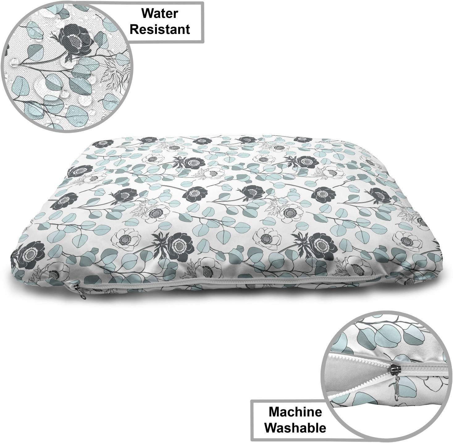 review Lunarable Eucalyptus Pet Bed, Anemones and Leaves Repetitive Style Cold Tones Botanical Pattern, Chew Resistant Pad for Dogs and Cats Cushion with Removable Cover, 24