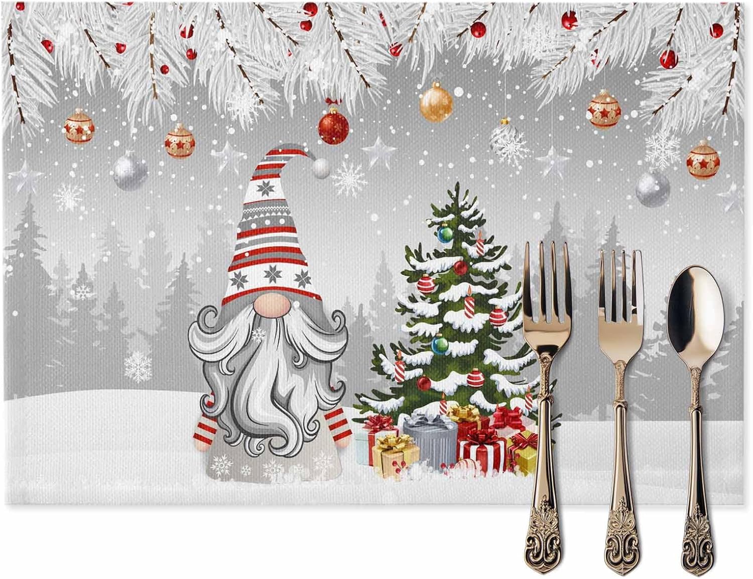 Christmas Grey Winter Placemats Set of 6, Washable Cotton Linen Table Mats for Kitchen Dining Table, Heat Insulation Place Mats for Indoor Outdoor Parties, Holiday Decorations
