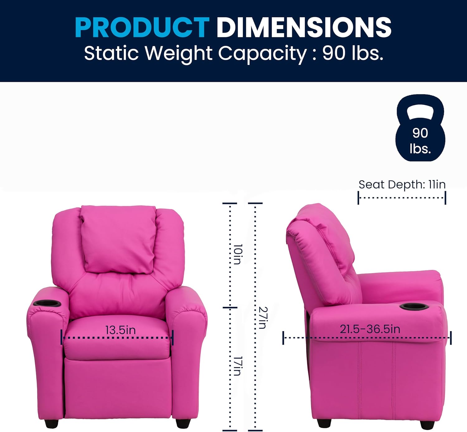 Flash Furniture Vana Vinyl Kids Recliner with Cup Holder, Headrest, and Safety Recline, Contemporary Reclining Chair for Kids, Supports up to 90 lbs., Hot Pink