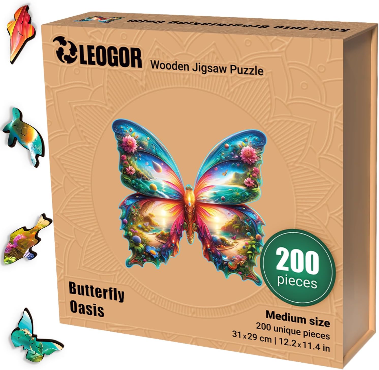 LEOGOR Wooden Jigsaw Puzzles for Adults 200 Pieces (12.2 × 11.4 in), Butterfly Puzzle, Extra-Thick 5mm Wood, Colorful Mosaic Design with Unique Animal Shapes, Relaxing Gift for Adults and Teens