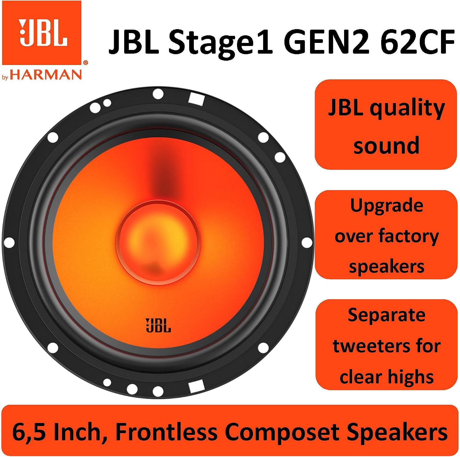 JBL Stage1 GEN2 62CF – Altavoces de coche de 2 vías de 6.5 pulgadas (165 mm) – 80 W RMS – 240 W pico – Juego de 2 woofers + 2 tweeters de audio – con rejillas – Ajuste compacto – Actualización OEM 11