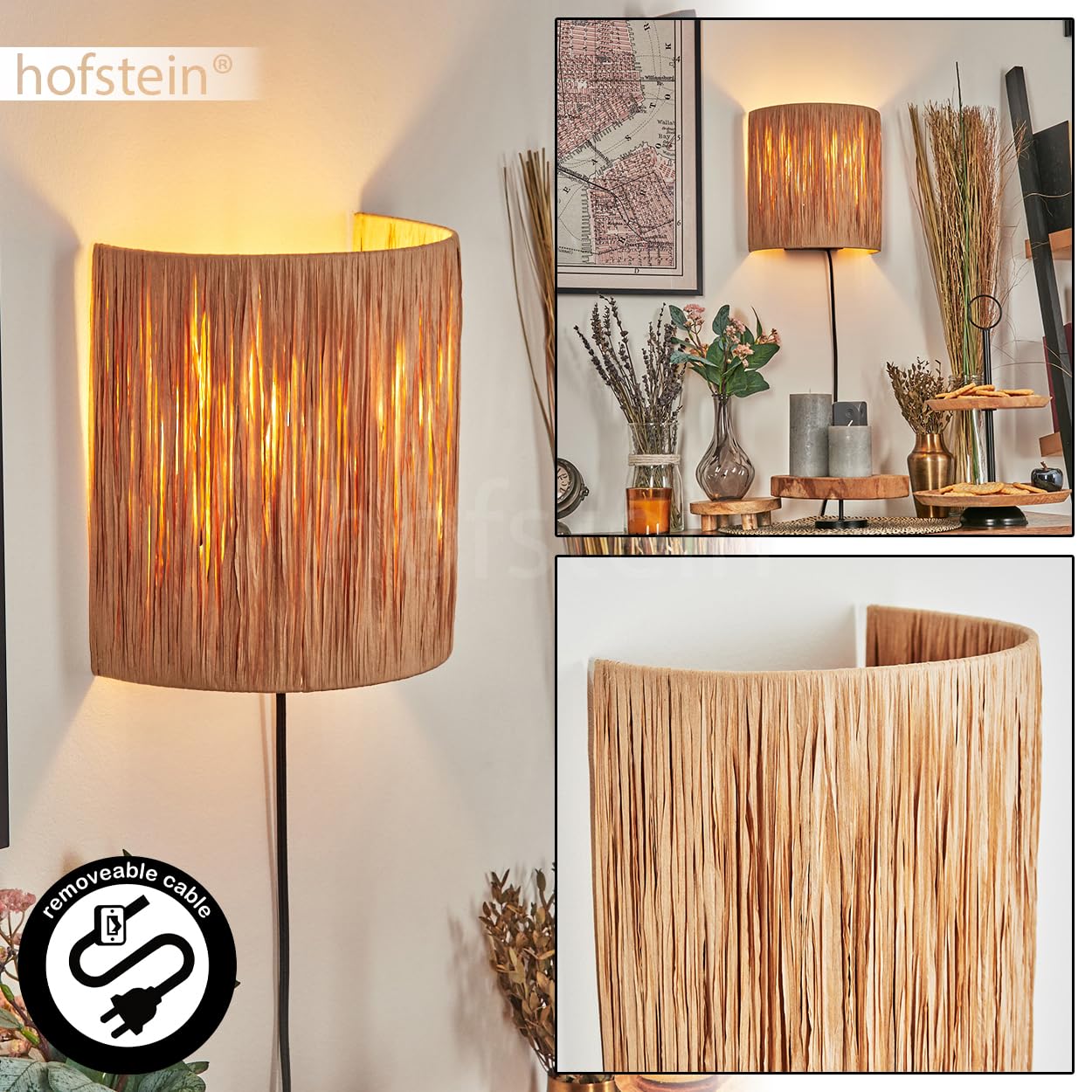 Wandleuchte Cardeal, Wandlampe aus Metall/Bast in Schwarz/Natur, Leuchte im Boho-Design, Wandleuchte mit Stecker und Schalter, abnehmbares Kabel, UP & Down Lichteffekt, 1 x E27, ohne Leuchtmittel