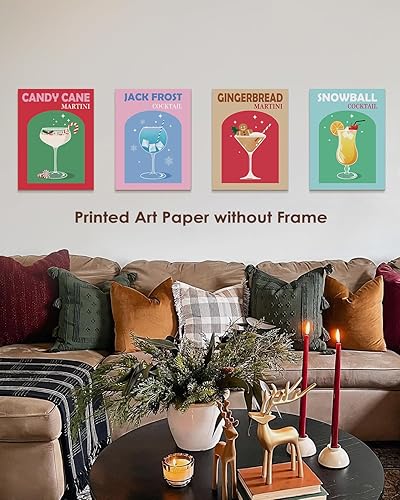 Miniatura 3 de Wheatwin Juego de 4 impresiones artísticas retro de cóctel de Navidad, divertido estampado de copa de vino alcoho de jengibre lindo estético,