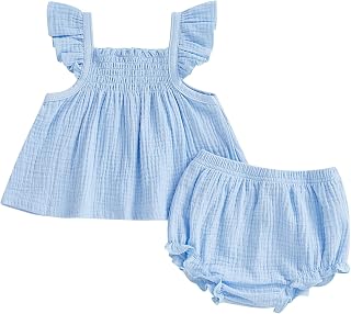 Baby Girl Summer Clothes Cute Basic Plain Cotton Linen Ruffle Tops Dress Shorts Outfits Set Shirt Princess Outfit