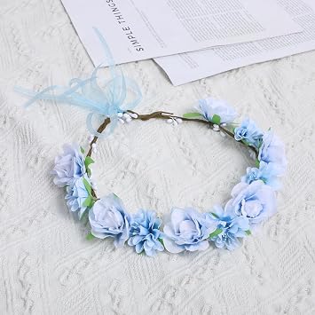 Blue Bohemian Floral Crown, Adjustable Flower Headband for Women Girls Wedding Headpiece, Bridal Wreath for Baby Shower Birthday Photo Cosplay