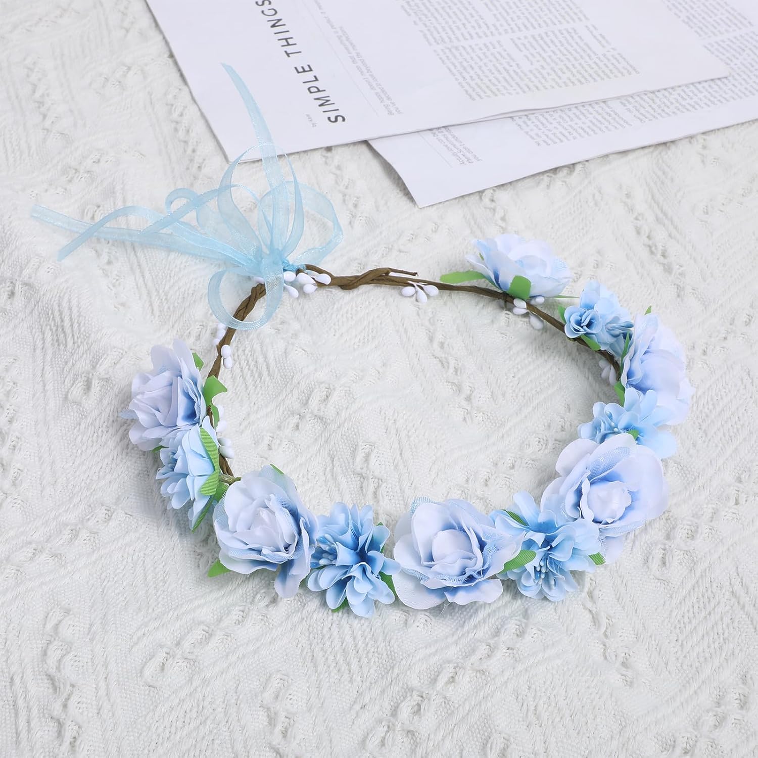 Adjustable Blue Bohemian Floral Crown Headband - Wedding Flower Wreath for Brides, Baby Showers, Birthdays, Cosplay & Girls