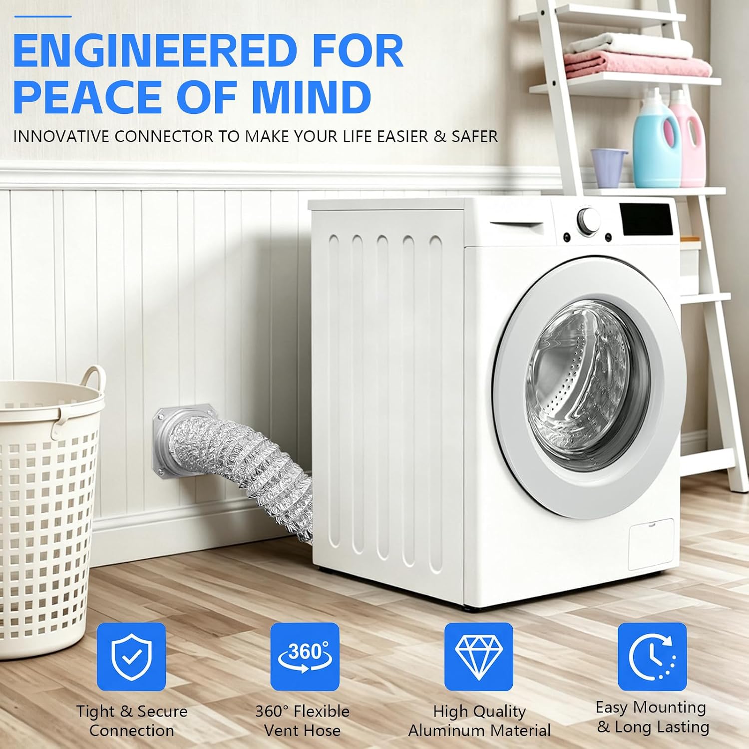 Magnetic Dryer Vent Kit 4 Inch, Quick Connect Flexible Aluminum Ducting, Self-Aligning Magnetic Connector for Tight Spaces, Complete Installation Kit with Clamps & Screws