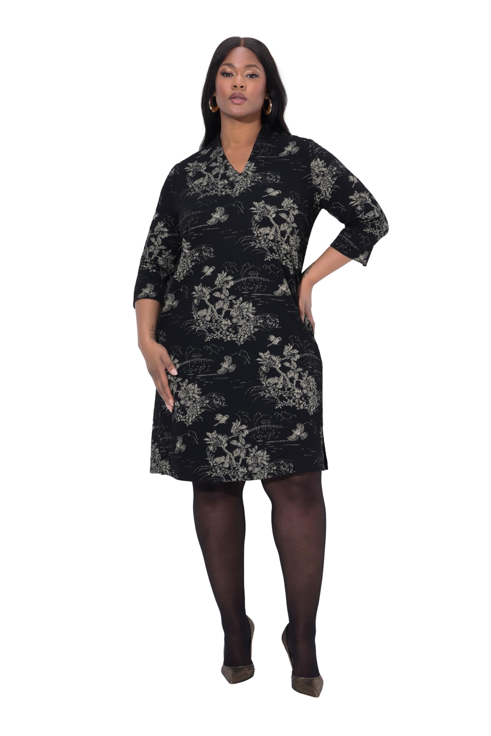 Ulla Popken Damen große Größen Übergrößen Plus Size Jacquard-Kleid, A-Linie, Kelchkragen, 3/4-Arm 844739