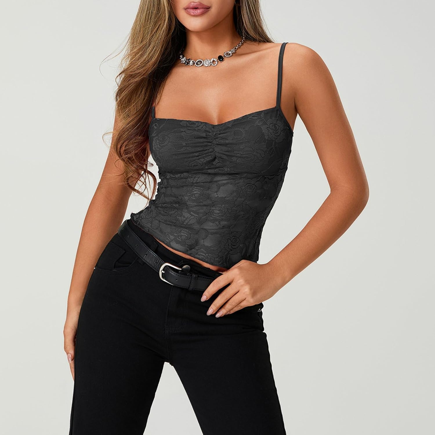 Women Y2k Lace Trim Mesh Tank Top V-Neck Sleeveless Corset Going Out Tops Backless Bow Spaghetti Strap Cami Shirts - Image 4