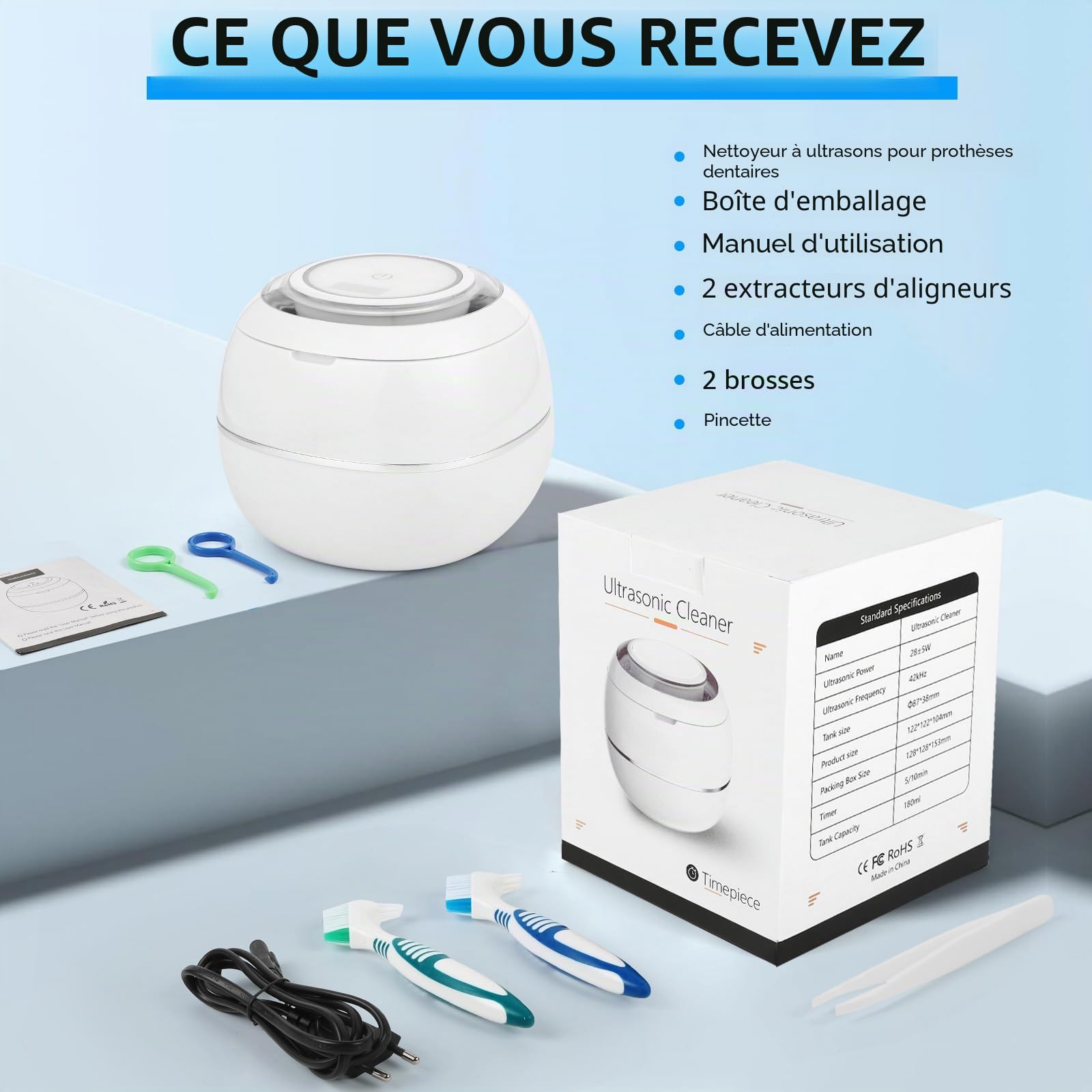 Nettoyeur Ultrasons,GuKKK 28W Detartreur Dentaire Ultrason UV,180ML Nettoyeur Ultrason Appareil Dentaire pour Prothèses Dentaires,Protège-dents de Nuit, Aligneur,Tête de Brosse,Bijoux (Weiß)