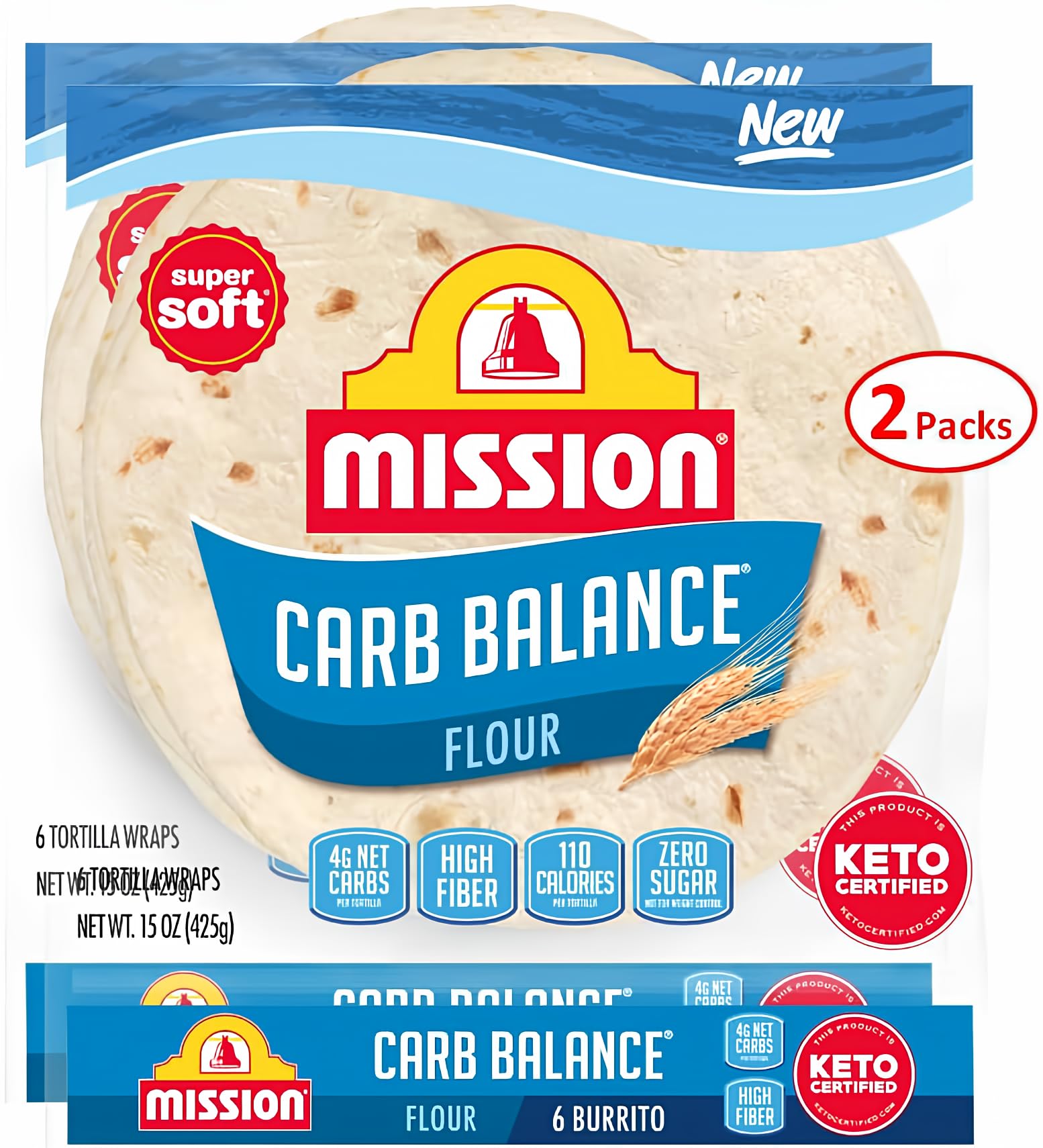 Mission Carb Balance Burrito 10" Flour Tortilla 2 Pack | 6 ct., 15 oz. | (12 Tortillas) | Low Carb, Keto Friendly | High Fiber, No Sugar