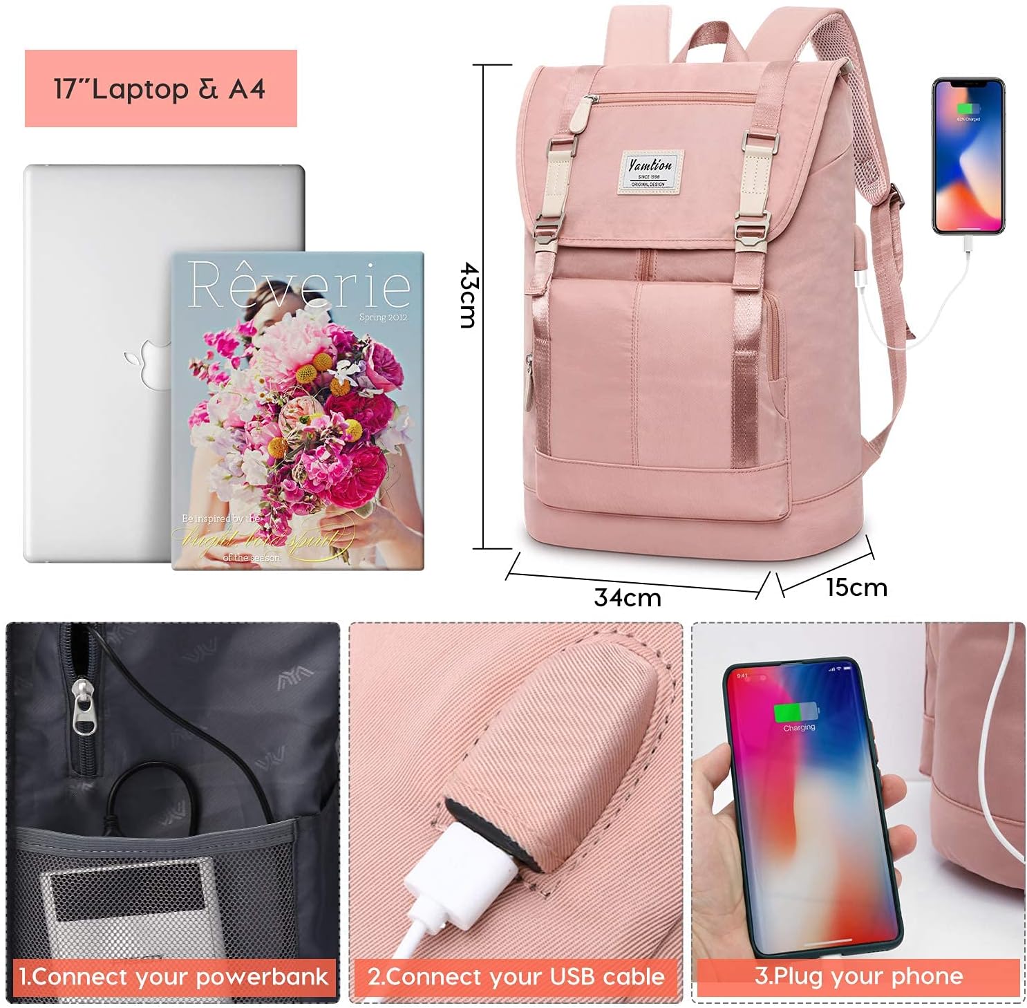 YAMTION Women Backpack Schoolbag for Teen Girls,College Student Bookbag for 17 Inch Laptop,Work Gym Computer Bags with USB Charging Port