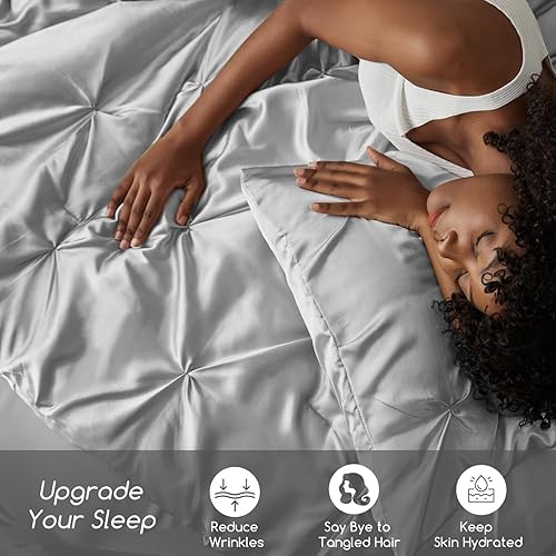 Miniatura 4 de MR&HM Edredón de satén individual de 5 piezas  Lujoso juego de ropa de cama plisado con edredón, sábana encimera, sábana bajera, funda de almohada y