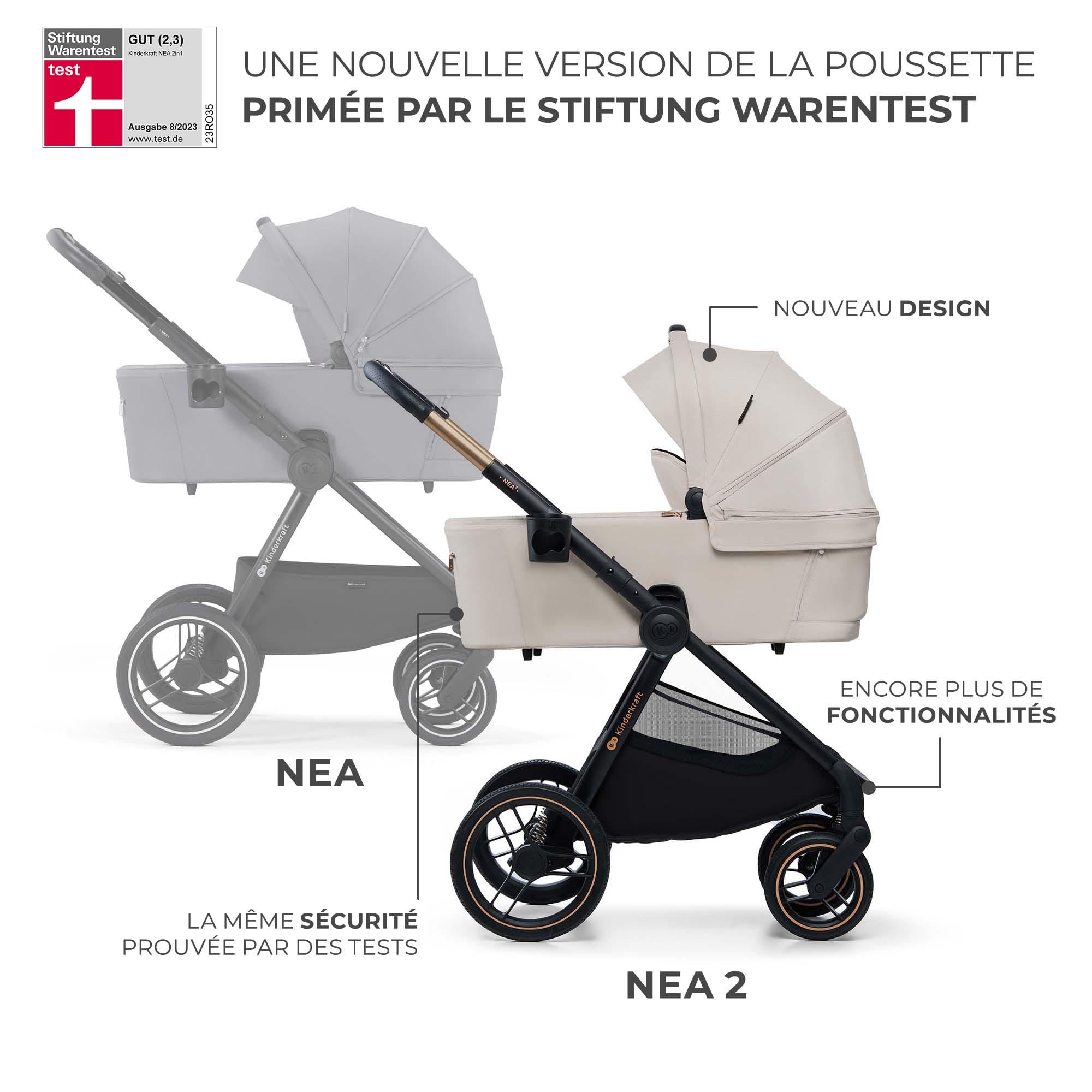 Kinderkraft NEA 2, Poussette de la naissance à 22 kg, Pliage d'une seule main, Position allongée, Grande capote, 4 roues amortissantes, Filtre UPF 50+, Panier jusqu'à 5 kg, Beige