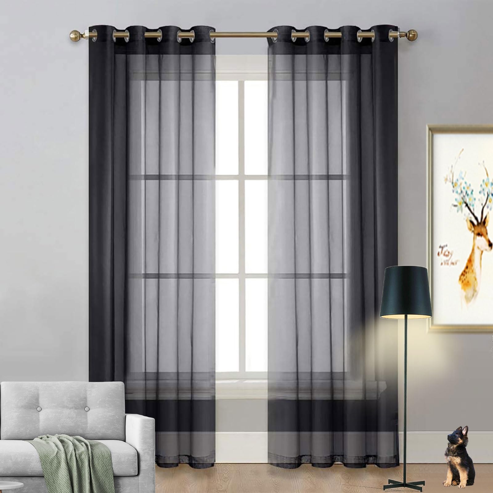 LIUNADM Voile Curtains, Blackout Eyelet Curtains 250 x 95 cm Light Filtering, Thermal Insulated Curtain for Bedroom Black Out Curtain for Living Room Bedroom Kitchen, Black