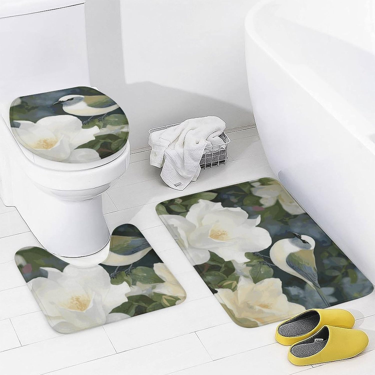 4 Piece Bathroom Rug Set with Shower Curtain, Non-Slip Bath Mat Toilet Cover Set, Gardenia Flowers Birds Bathroom Rug Sets