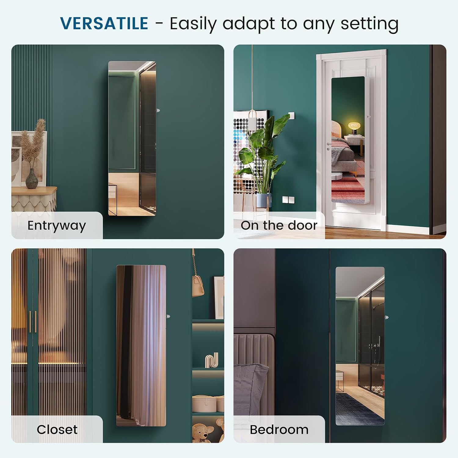 WOOVIVS LED Mirror with storage-47.2" Jewelry Cabinet with Lights, Over the Door Jewelry Organizer with Drawer, Lockable Wall Mount Jewelry Armoire, Girls Full Length Mirror-White