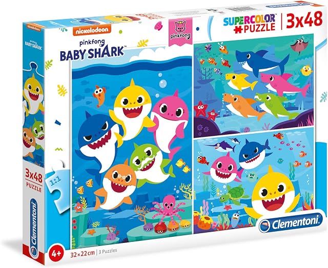 Clementoni 25261, Baby Shark Supercolor Puzzle for Children, 3 x 48 Pieces, Ages 4 Years Plus