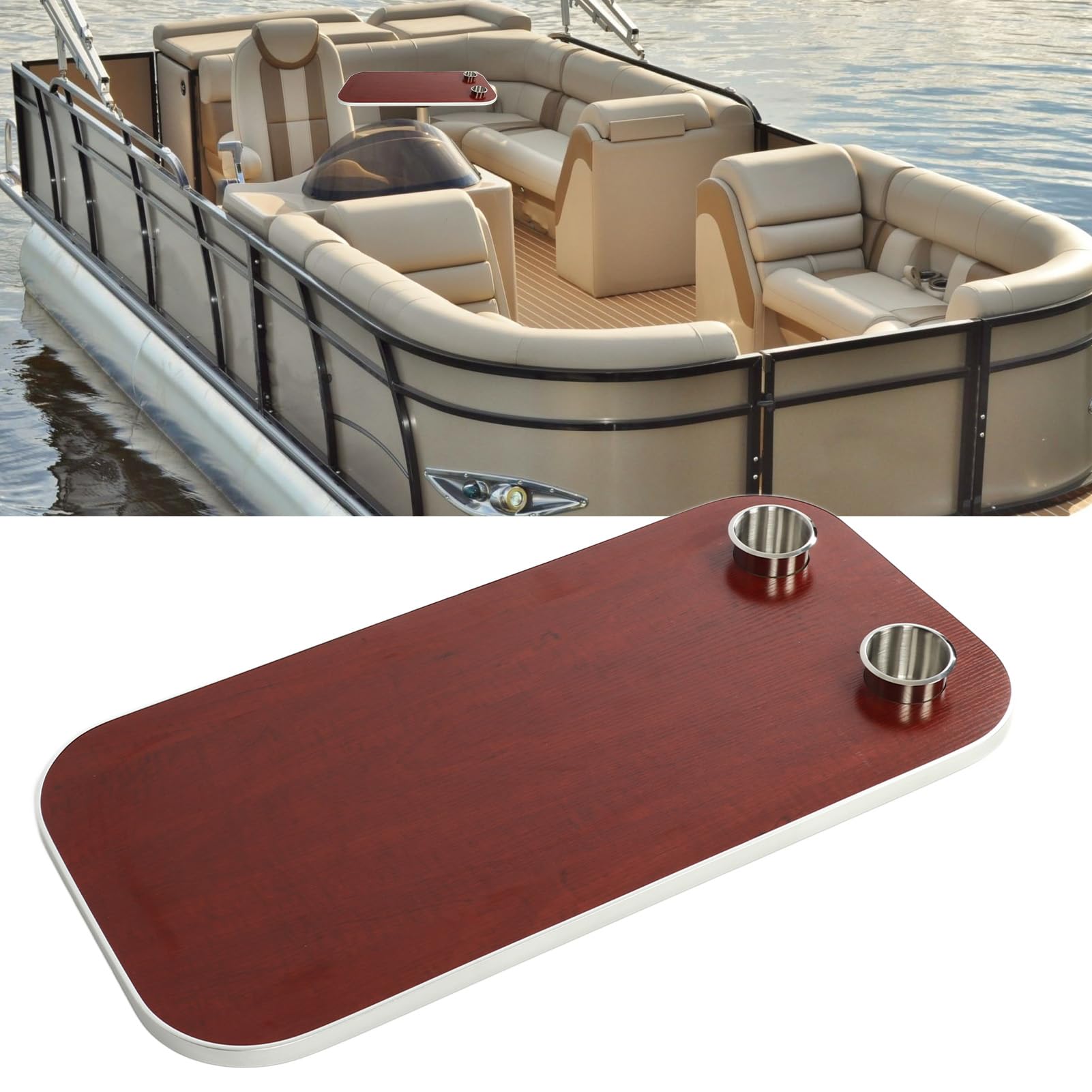 Akozon Mesa de Barco de Madera Maciza con 2 Portavasos, Panel de Escritorio Extraíble para Yate Marino RV (Rojo Oscuro)
