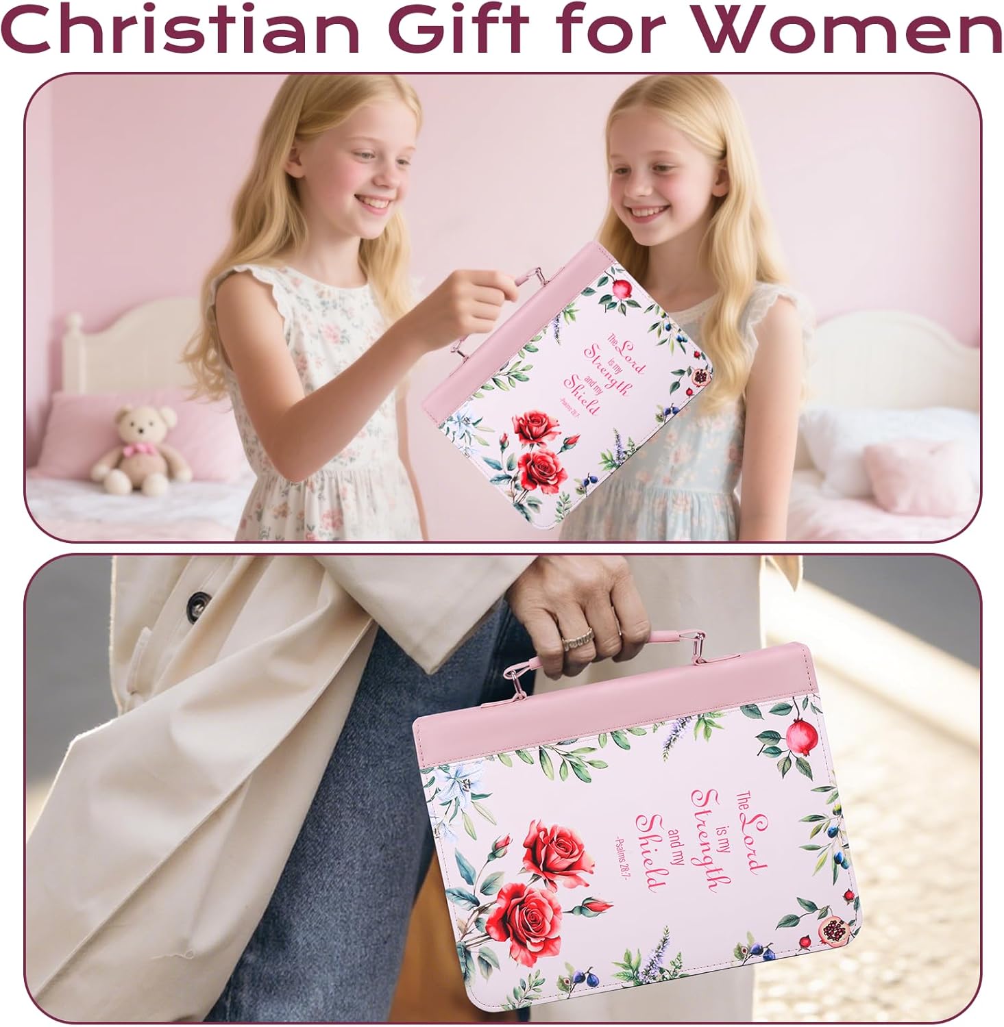 XKDOUS Bible Cover Case for Women, Leather Bible Bags with Study Supplies Large Book Carrying Case Church Book Holder Organizer Christmas Gifts, Pink