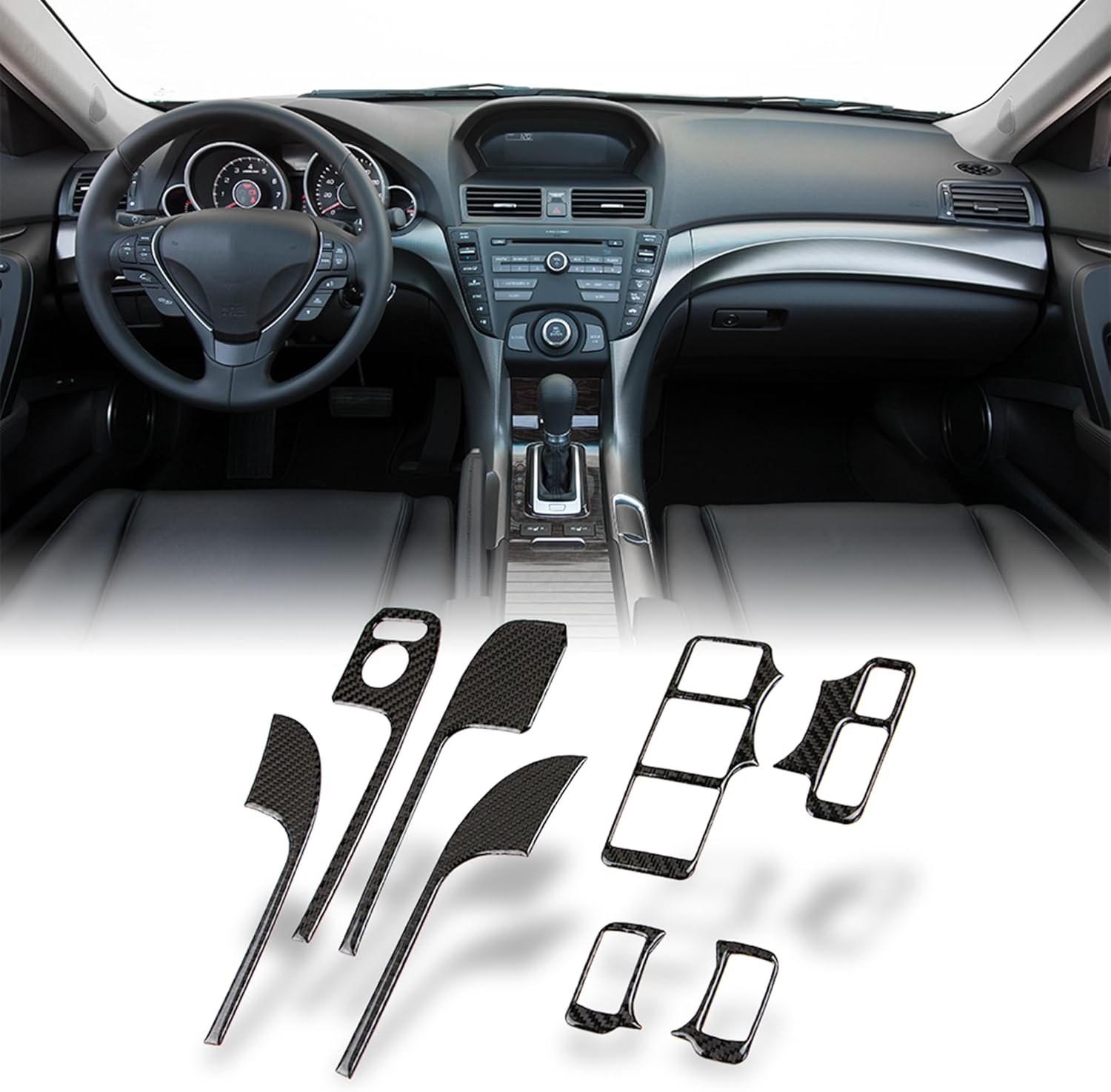 AeroBon TL Real Carbon Fiber Interior Trim Overlay Compatible with 2009–2014 Acura TL, 8-Piece Inner Door Armrest and Power Window Switch Panel Cover Trim Set