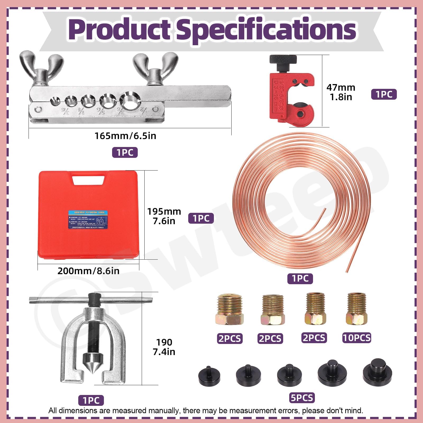 Swpeet 30Pcs in Set Copper Coated Brake Line Kit, Brake Line with Flaring Tool Kit, Includes 16 Fittings and 4 Unions, Flaring Tool Set for Single and Double Flares with 5 Adapters and Tube Cutter