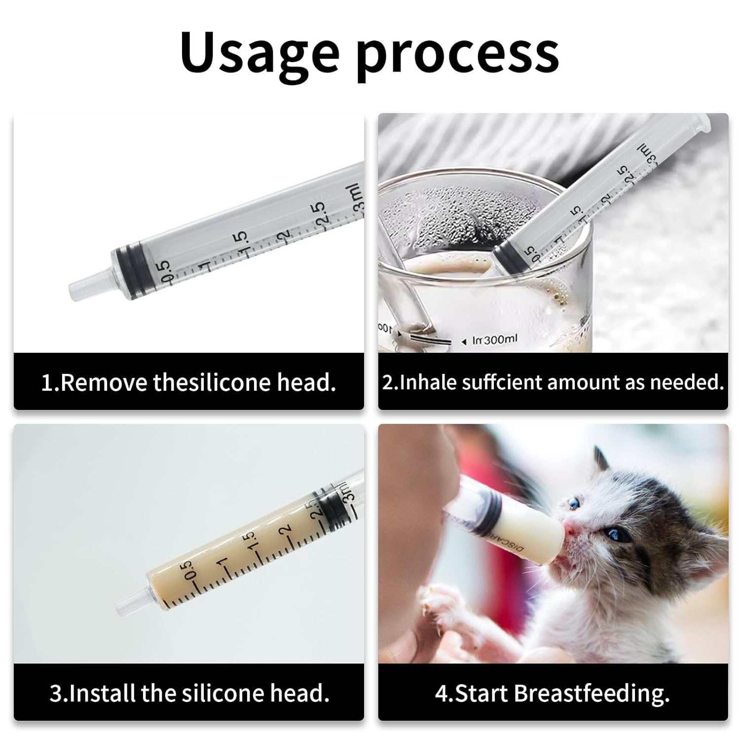 Pet Feeding Kit with Silicone Nipples and Syringes for Kittens, Puppies, Small Animals, 2 Nipples + 2 Syringes (2) image 2 of 7 B0F79H9RB4