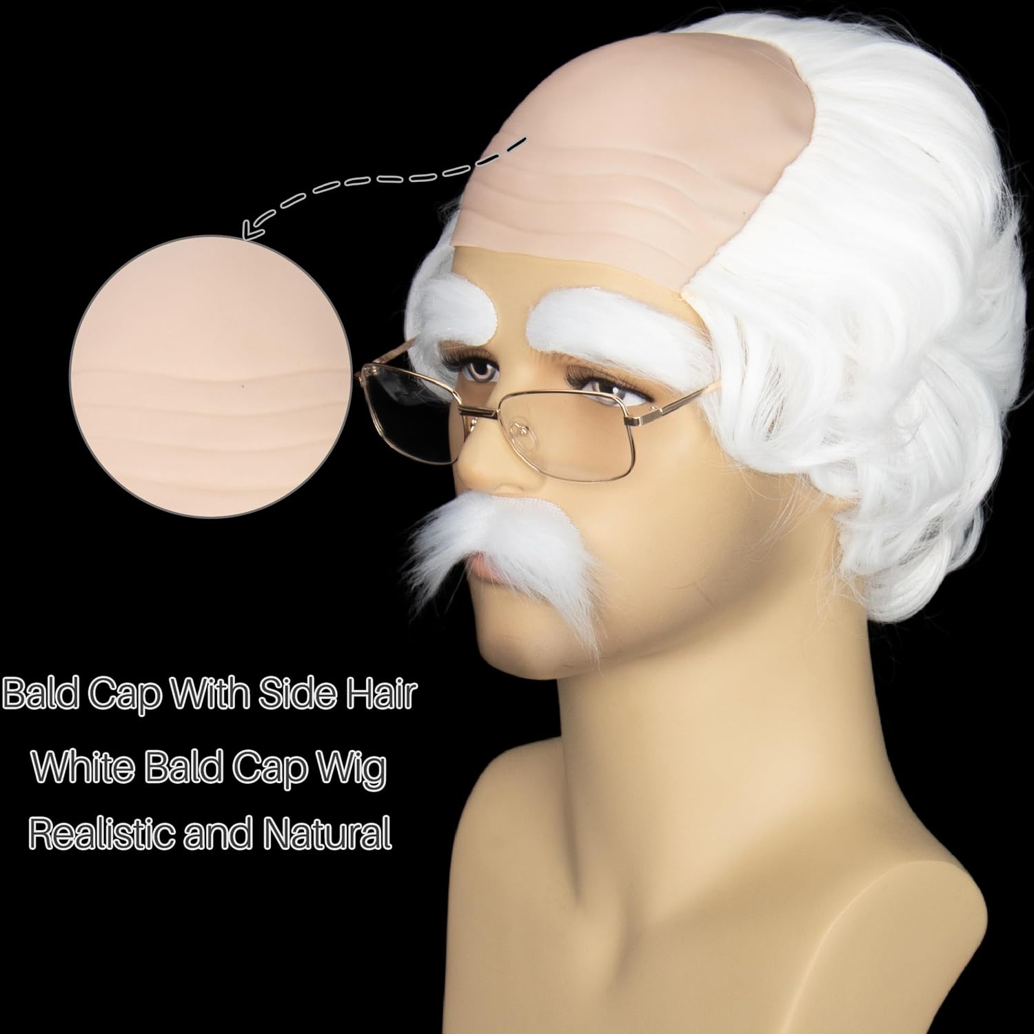 White Old Man Wig and Glasses Mustache Eyebrows Grandpa Balding Cap 100th Days of School Party Cosplay Wigs