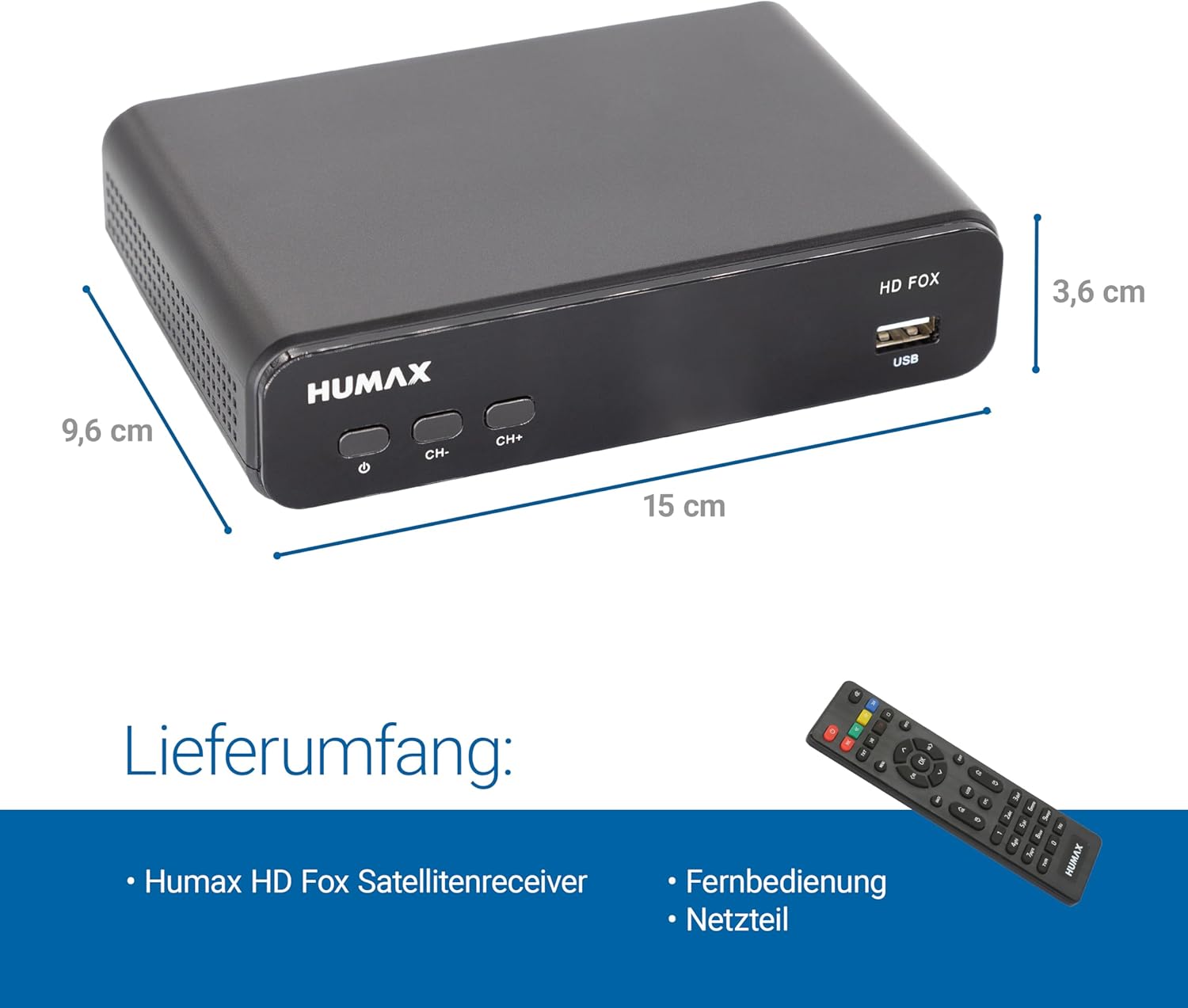 Humax HD Fox receiver with dimensions: 9.6 cm depth, 15 cm width, 3.6 cm height