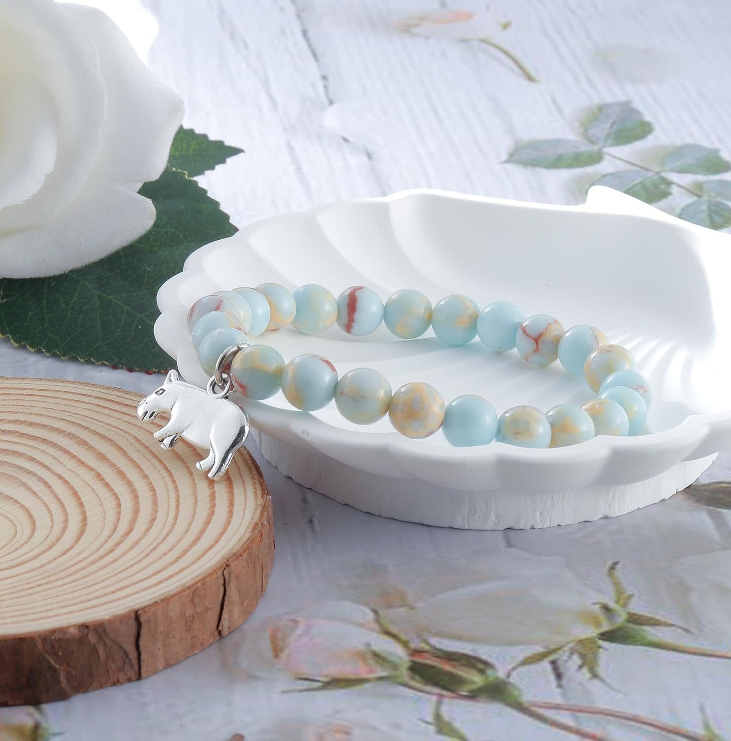 Hippo Bracelet for Women Hippopotamus Jewelry Purple Natural Stone Bead Bracelet Inspirational Animal Gifts (Blue) - Image 4