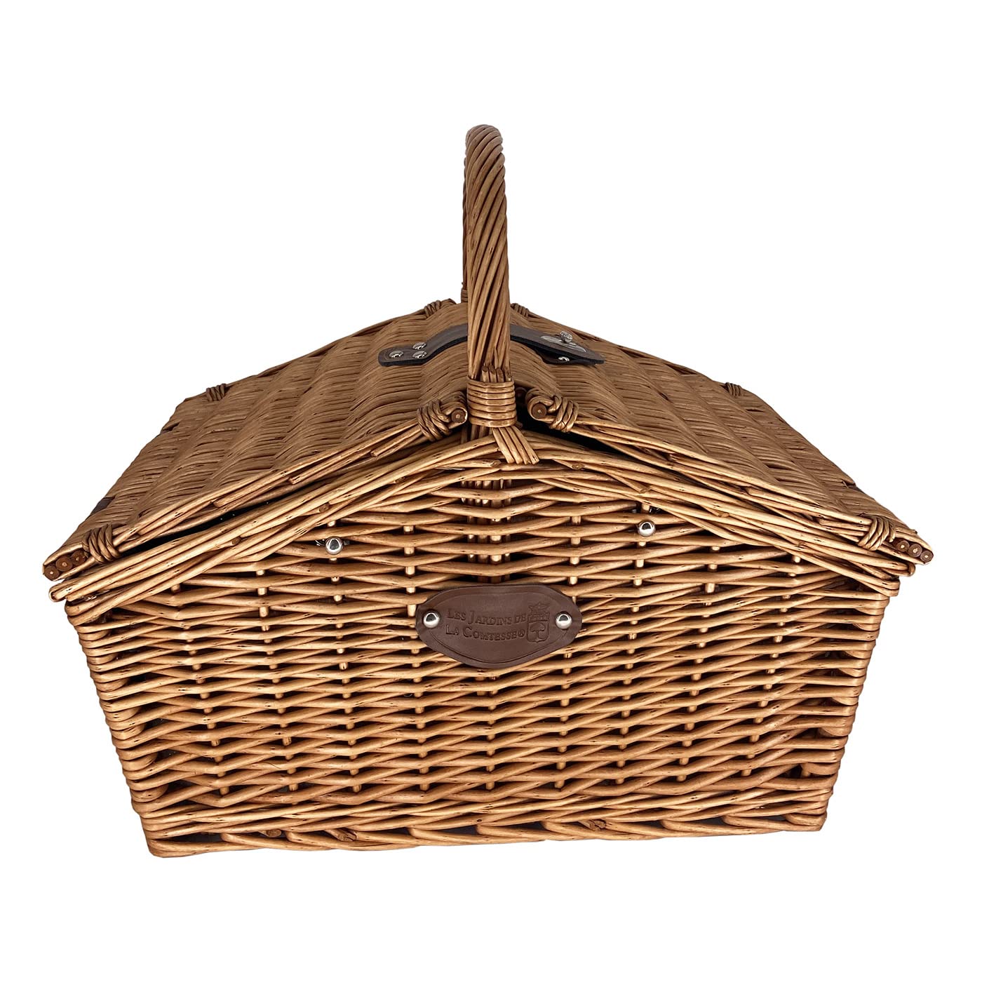 Les Jardins de la Comtesse - Panier Pique Nique Montaigne 4 Personnes en Osier Naturel - Carreaux Noirs et Blancs - 48 x 33 x 43 cm