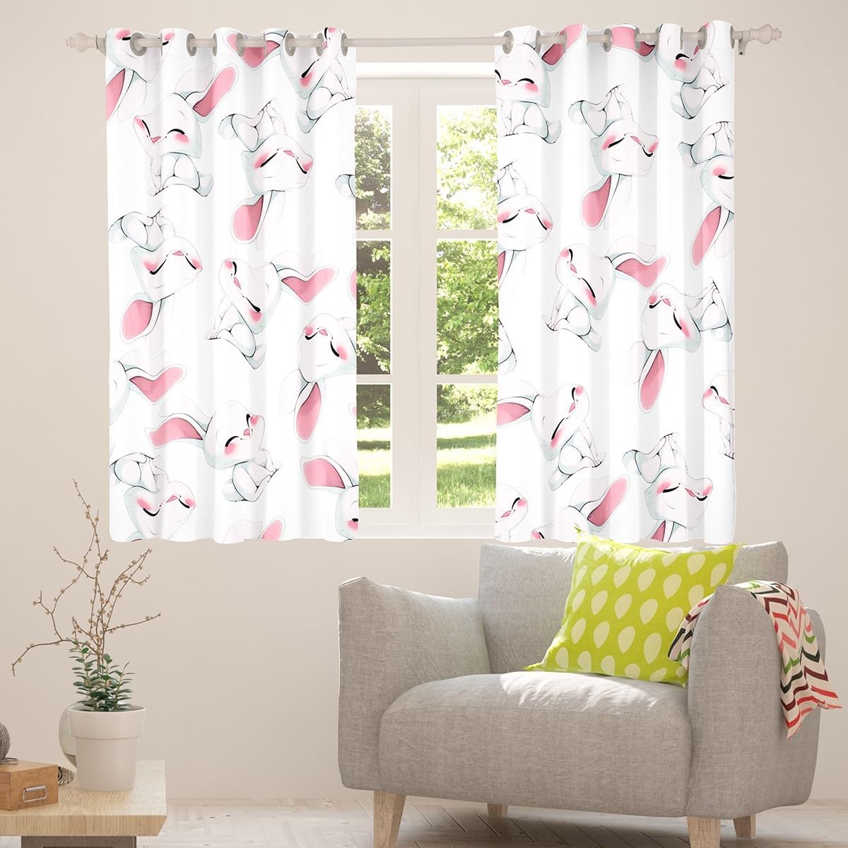 Kawaii Rabbits Window Curtains,Pink and White Curtain,Lovely Animals Window Drapes for Kids Teens Boys Young Man,Modern Bedroom Decorative,Cartoon Rabbit Curtains,38Wx54L