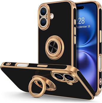 Hython for iPhone 16 Plus Case with Ring Stand, 360 Rotatable Ring Holder Magnetic Kickstand, Plating Rose Gold Edge Soft Cover Protective Phone Case for iPhone 16 Plus 6.7", Black