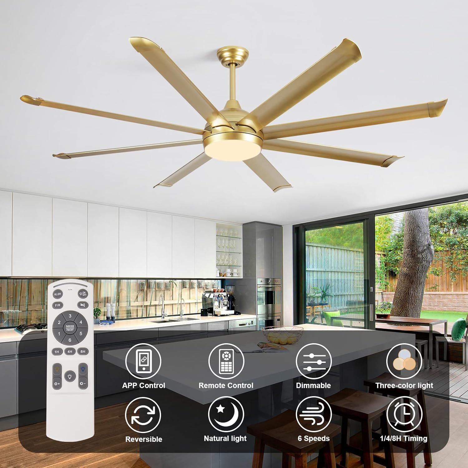 72Inch Gold Ceiling Fans with Lights and Remote Control LED 3CCT Dimmable Ceiling Fan BLDC Reversible 8 Blade Aluminum Ceiling Fans for Patio