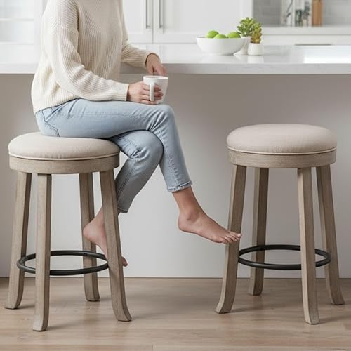 LukeAlon Farmhouse - Juego de 2 taburetes de bar redondos de tela de lino, giratorios de 360 de 25.6 pulgadas de altura de mostrador con patas de