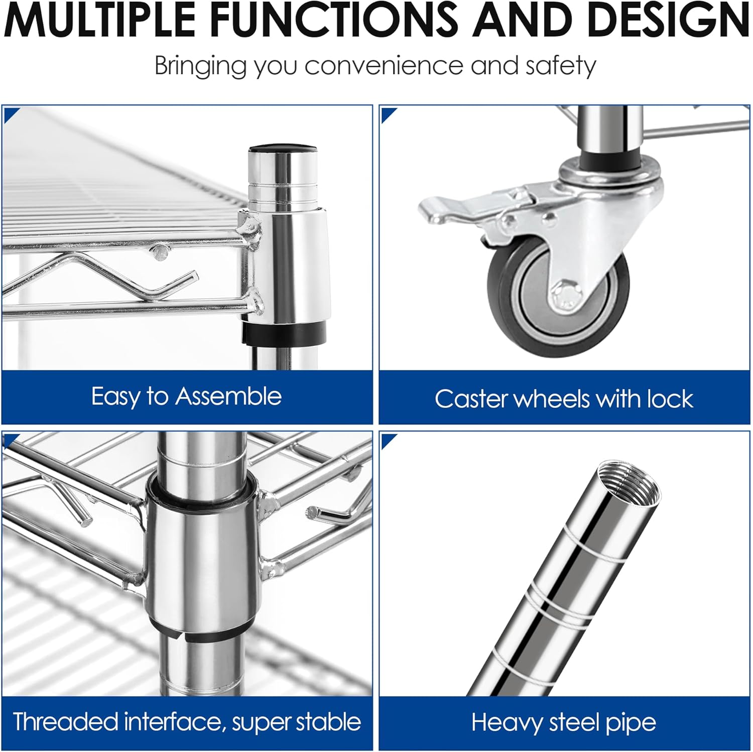 Rengue 4-Tier Heavy Duty Wire Storage Shelves with Wheels, 60" W x 24" D x 72" H Metal Storage Rack, Adjustable Garage & Pantry Shelves, 2400 LBS Commercial Grade, Chrome - Image 7