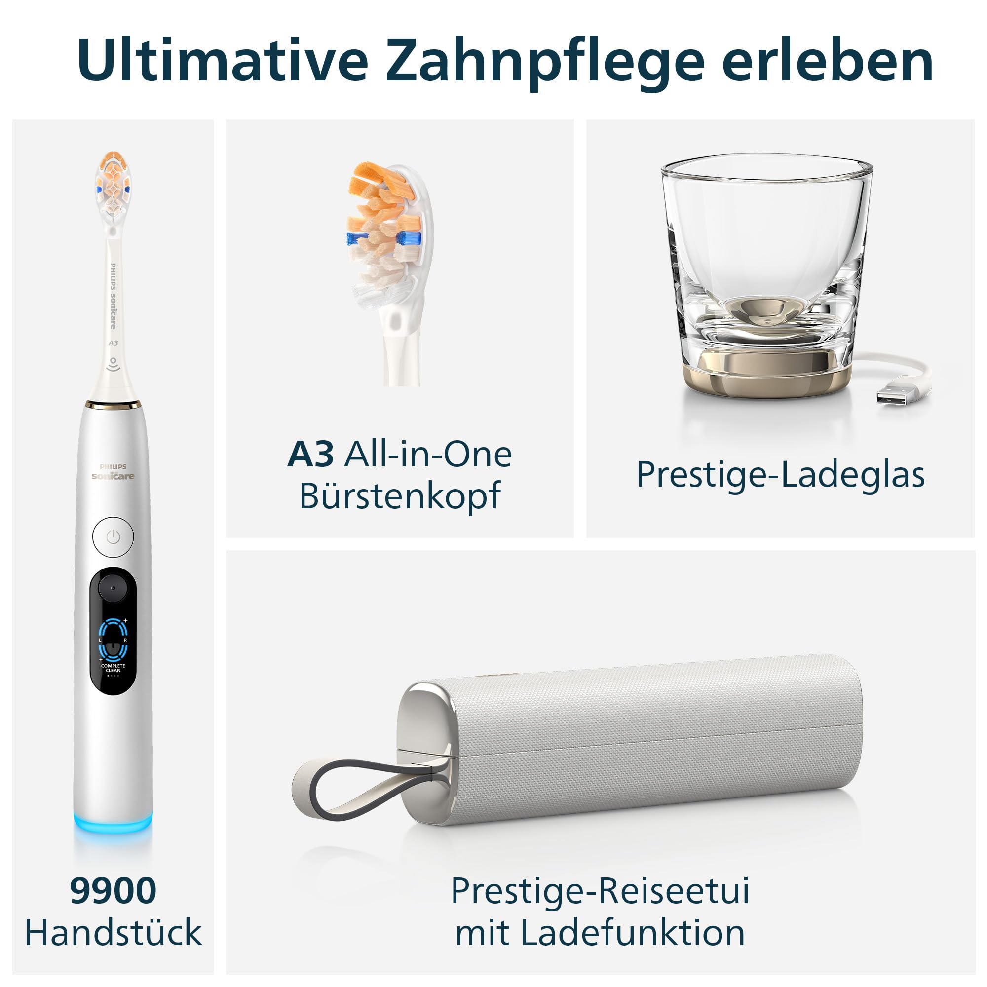 Philips Sonicare Next-Generation DiamondClean 9900 Prestige elektrische Zahnbürste - intelligentes Feedback zur Putzabdeckung, intelligente Andruckkontrolle, 24 Einstellungen, Silberweiß, HX9813/91