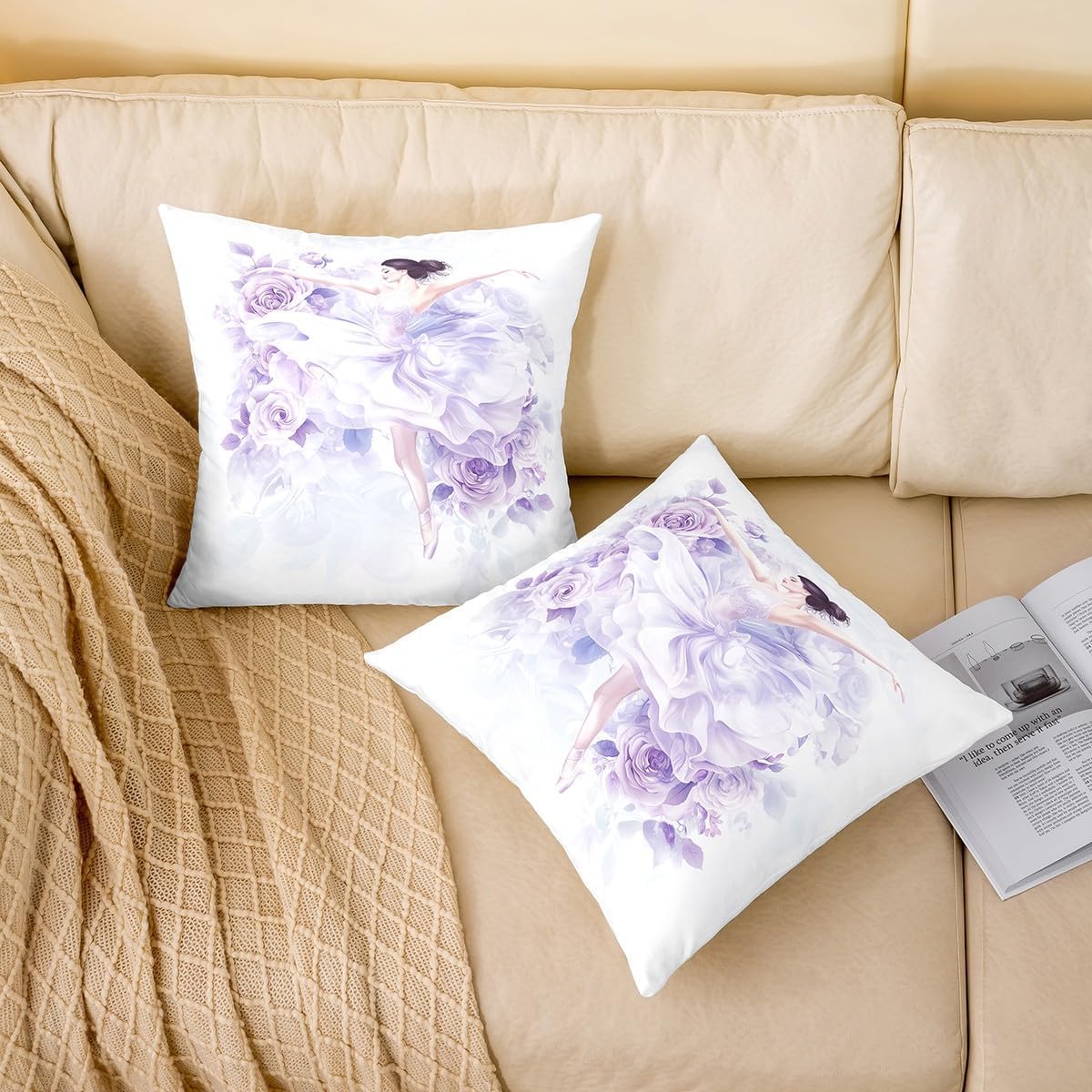 Purple Rose Flower Pillow Cover,Ballet Dancer Double Sides Print Throw Pillow Case Cover,Ballet Dancing Lover Cushion Cover for Sofa Couch Chair,2 Pack 24"x 24"