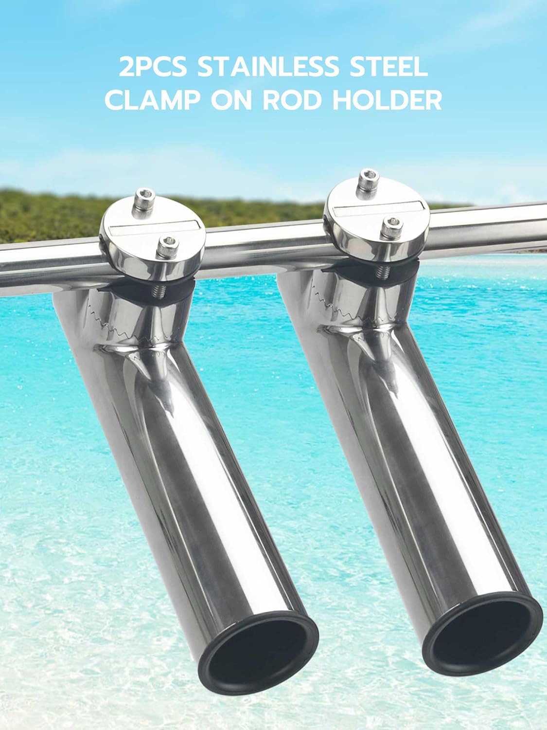 2-Pack Stainless Steel Fishing Rod Holders | 32-Angle Adjustable Clamp-On Rail Mount | Fits 7/8"-1" Rails for Boat, Yacht, RV & Truck | Marine-Grade Anti-Corrosion with Rubber Protector