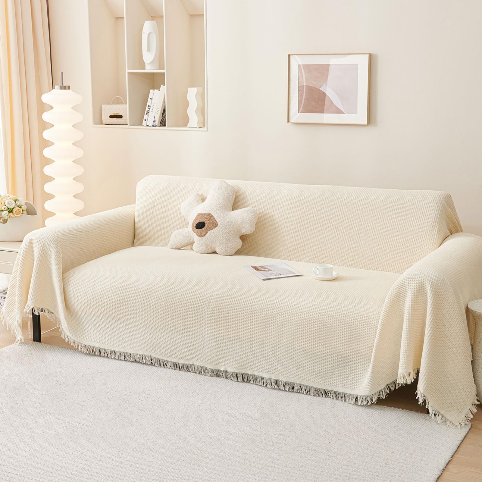 LHGOGO Waffle Weave Sofa Throw Large, Soft Cotton Blend Textured Blanket for 2-3 Seater Settee, Breathable Decorative Bed Throw, Elegant Furniture Protector for Pets & Kids, 180x300cm, Cream