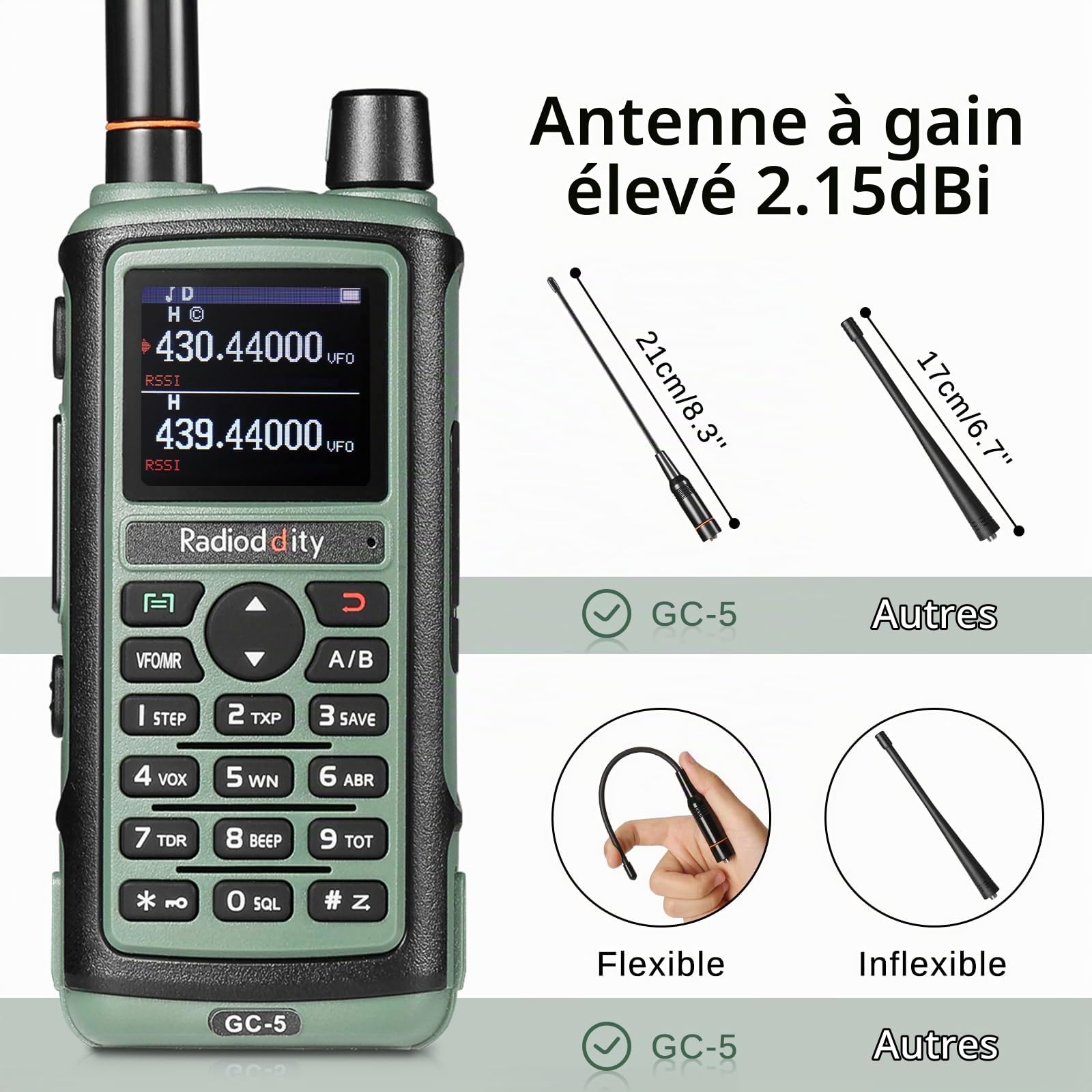 Radioddity GC-5 Radios Bidirectionnelles Double Bande, Talkie Walkie Portable Longue Portée 144-146/430-440 MHz, Radio Licence requise avec Batterie 1800 mAh, 999 canaux, DTMF, VOX, pour Adultes