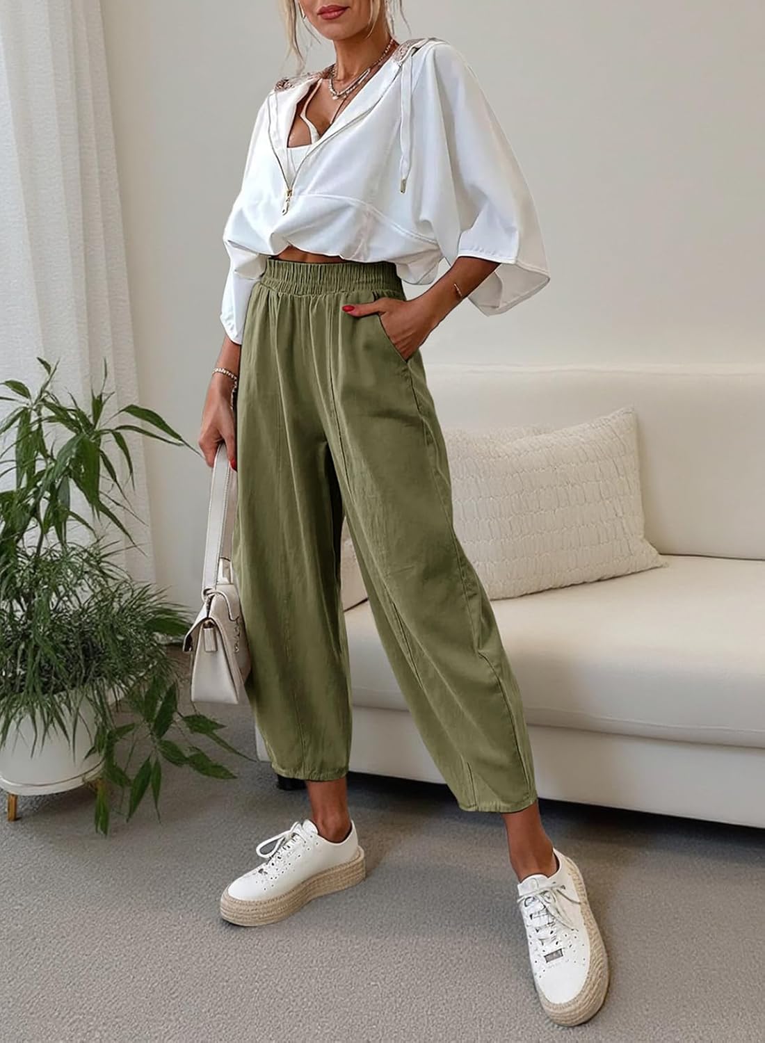 Dokotoo Womens Cotton Baggy Wide Leg Pants Casual Elastic Waisted Loose Lounge Harem Pants with Pockets - Image 5